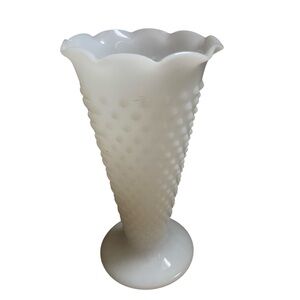 Vintage Hobnail Milk Glass Vase 9-1/2” Tall Fluted Opaque Flared Scalloped Edge